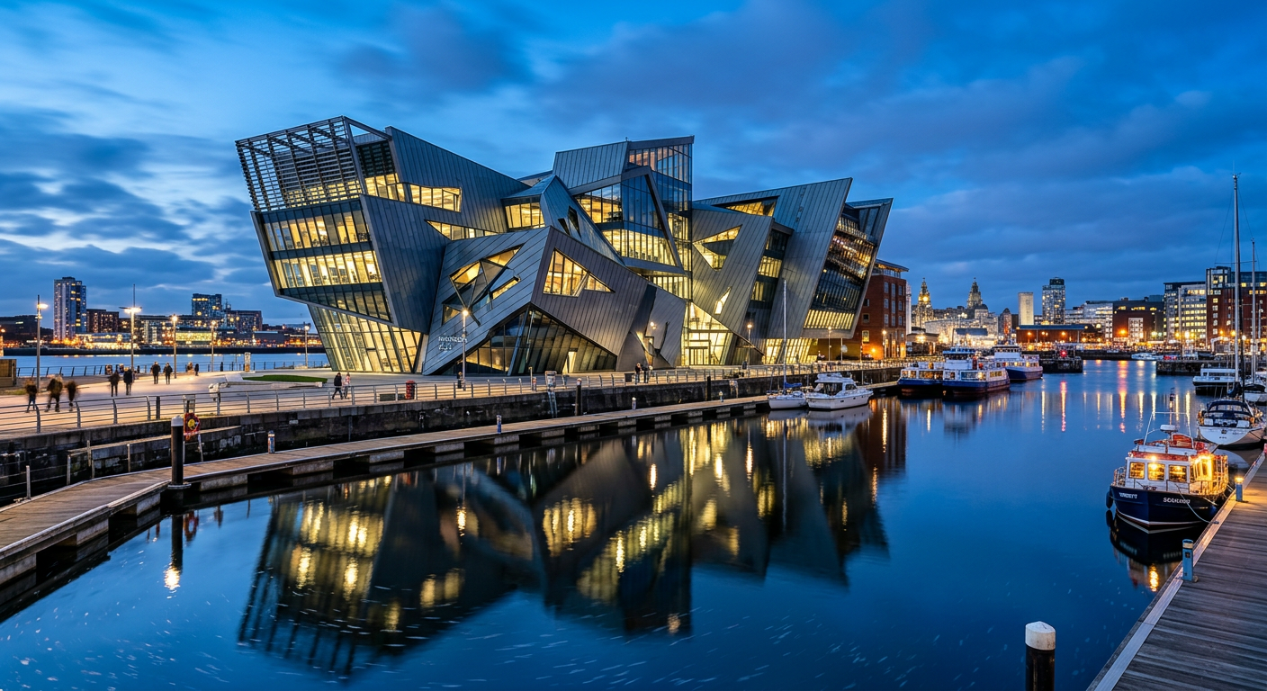Skulpturales Bürogebäude am Hafen zur blauen Stunde