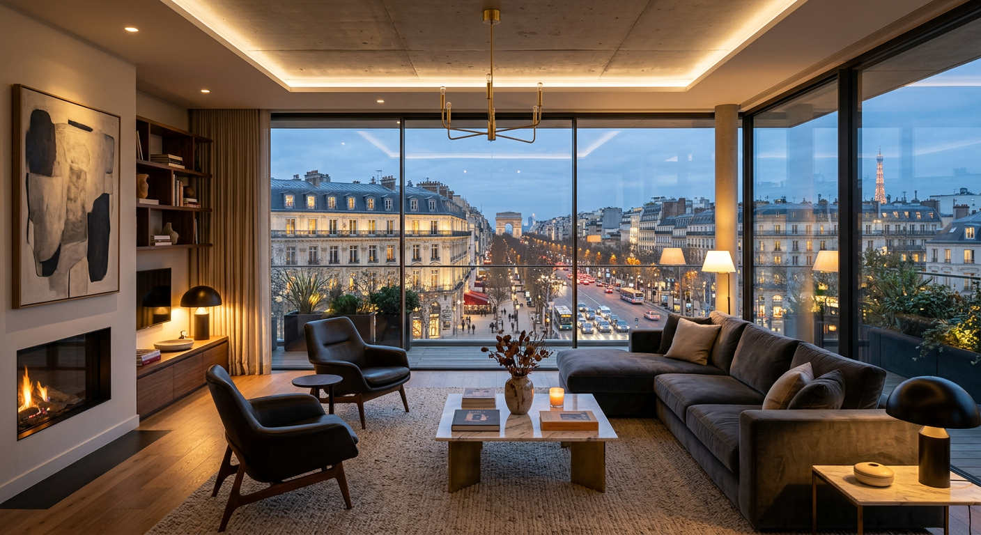 Penthouse-Wohnzimmer mit raumhohen Fenstern und Blick über die Stadt