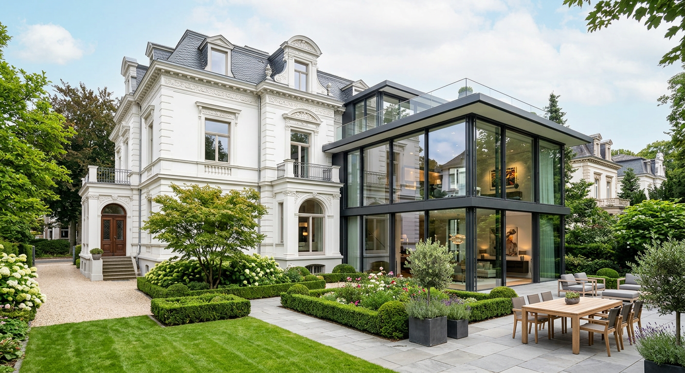 Weiße Gründerzeit-Stadtvilla mit moderner Glaserweiterung