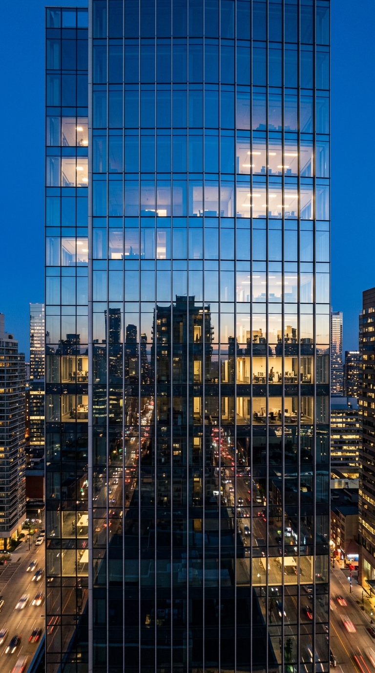 Gläserne Bürofassade zur blauen Stunde