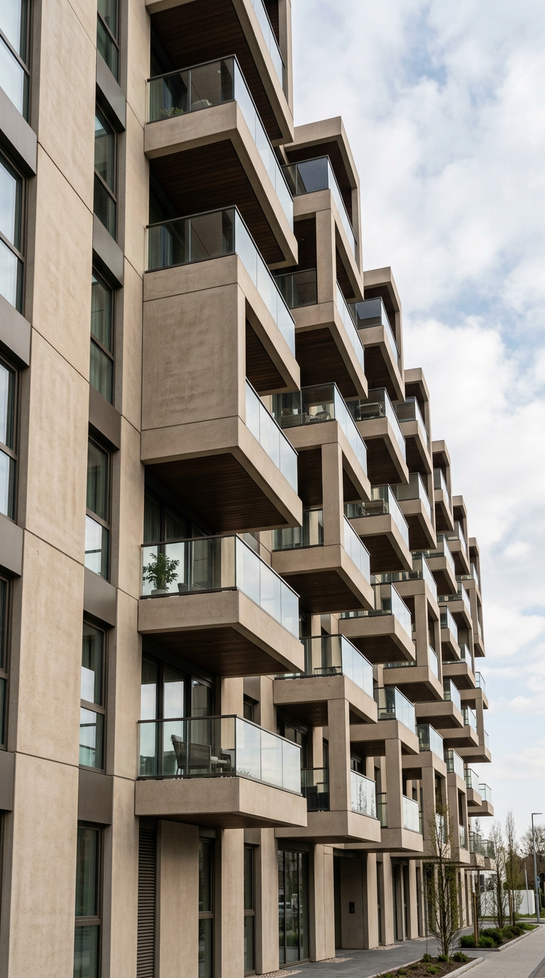Moderne Wohnfassade mit geometrischen Balkonen